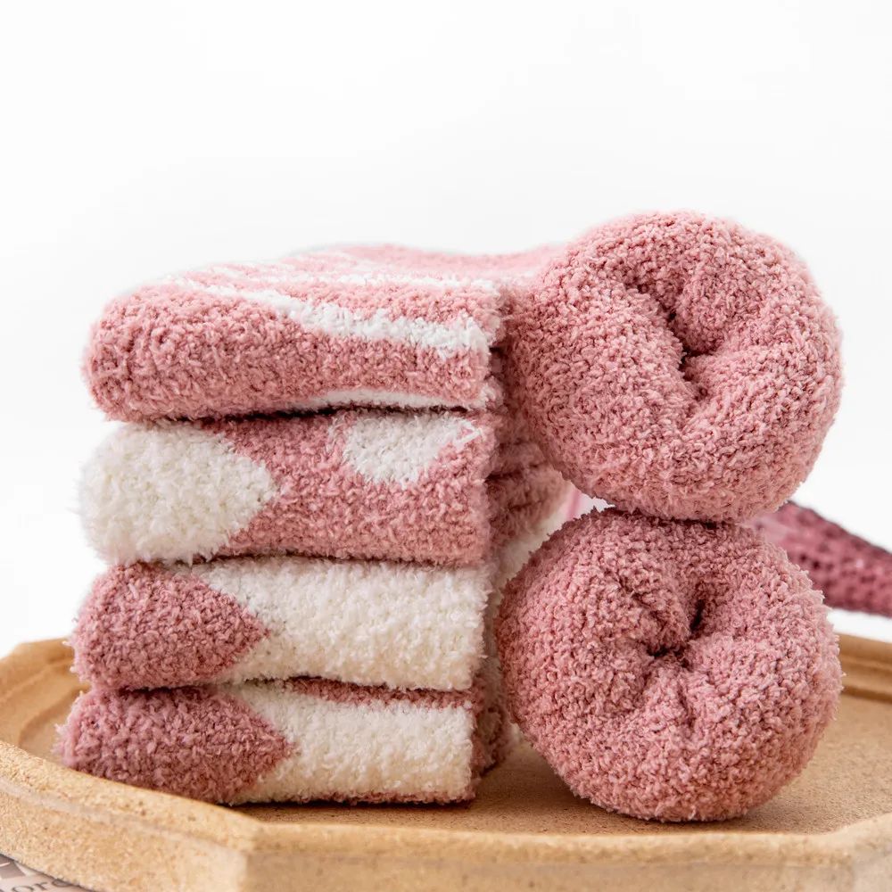 5 Pairs High Quality Coral Fleece Floor Socks Women Pink Series Striped Dots Thickened Warm Sleeping Socks Dropshipping