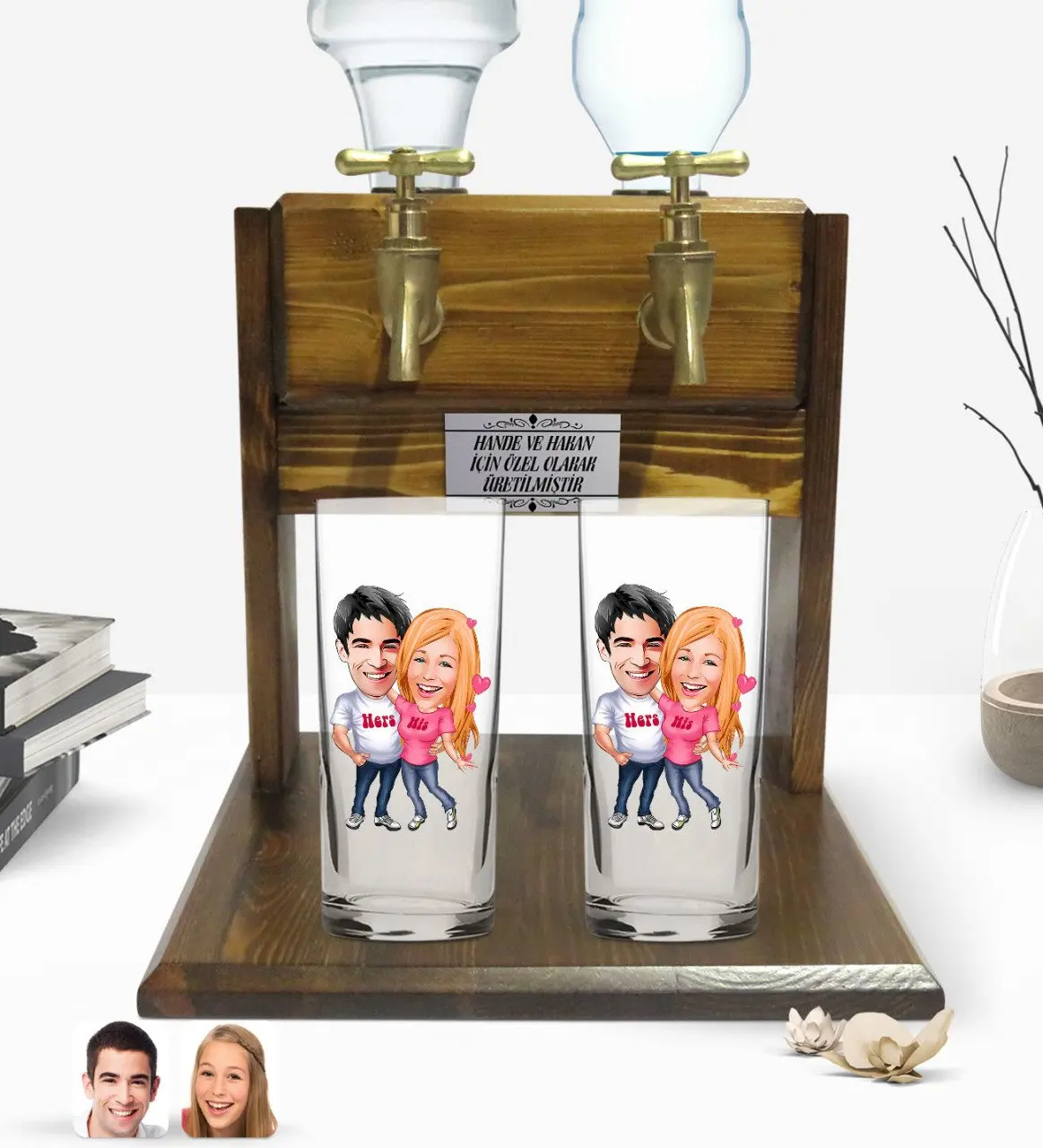 

Персонализированный дизайн в стиле Дня Святого Валентина, двойная чашка и двойной кран, подставка из натурального дерева 5