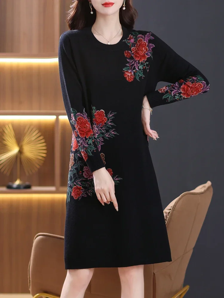 

Floral Print Long Sweaters Dress Spring Women Clothing Long Sleeve Femme Pullover Elasticity Loose Pulls Thick Sweater For Women