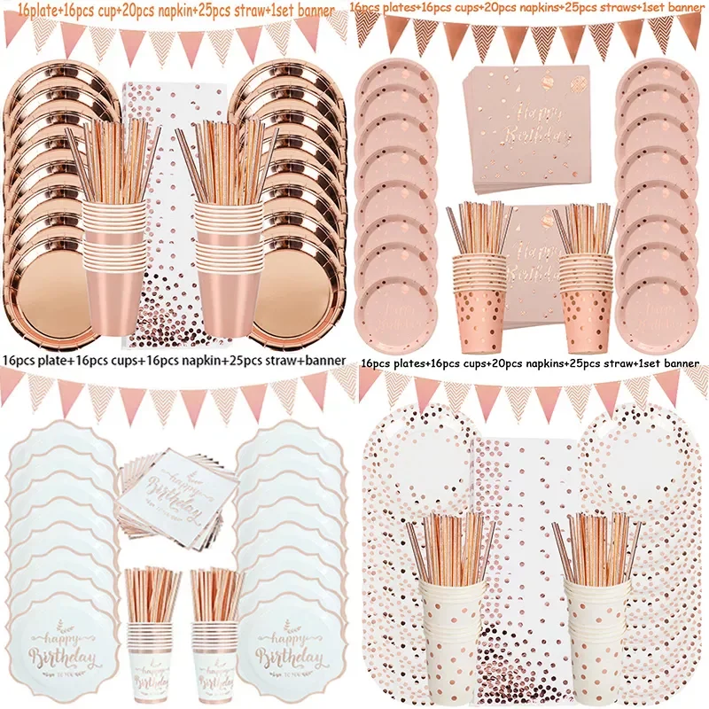 

Rose Gold Birthday Decorations Disposable Tableware Set Paper Cup Adult Wedding Birthday Party Decorations Kids Babyshower Girl