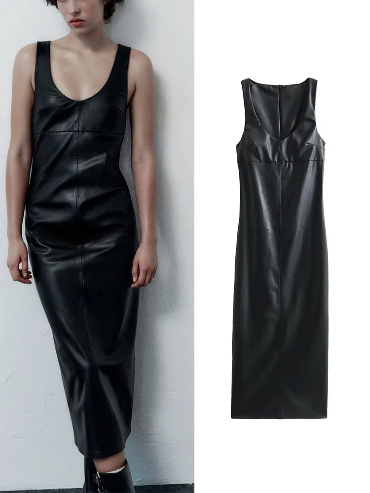 

Платье-миди из ПУ кожи, без рукавов, с разрезом сзади