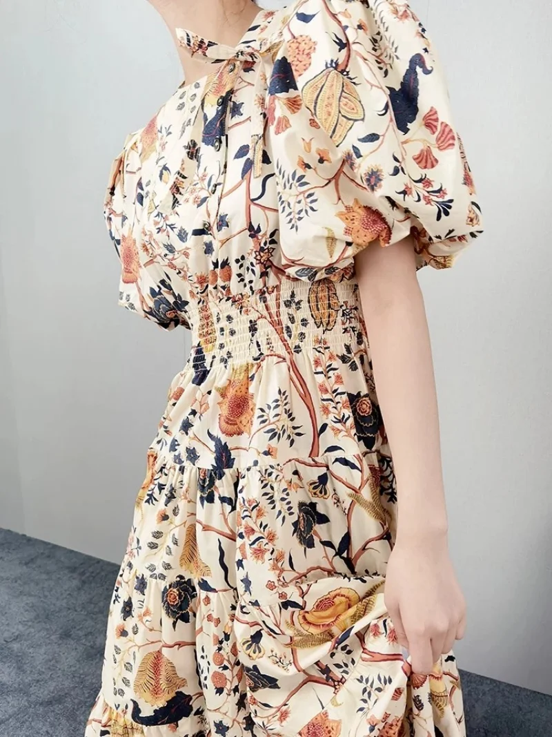 

Original Design Floral Print Midi Dress Short Sleeve 2023 Summer Women Top Quality Cotton Vintage Clothing for Holiday