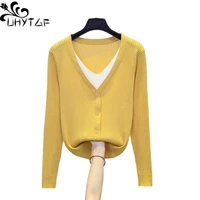 uhytgf 2022 spring autumn sweater women fashion fake two pieces v neck pullover cardigan female sweater knitted top ladies 4xl30