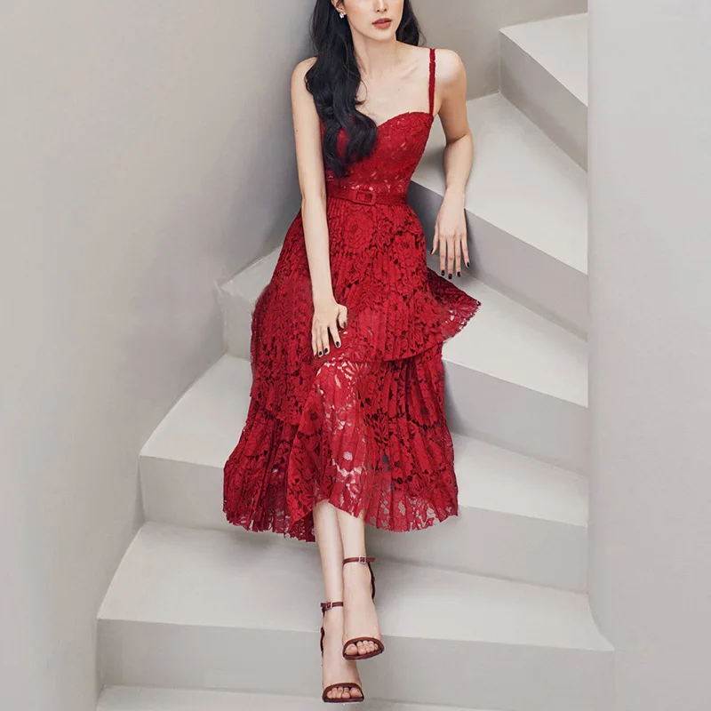 

Женское платье средней длины, элегантное платье с поясом и кружевом, весна-лето 2022