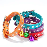 zircon decorate pet collars for small dogs pu leather adjustable ring bell cat neck accessories anti slip walk leash accessories