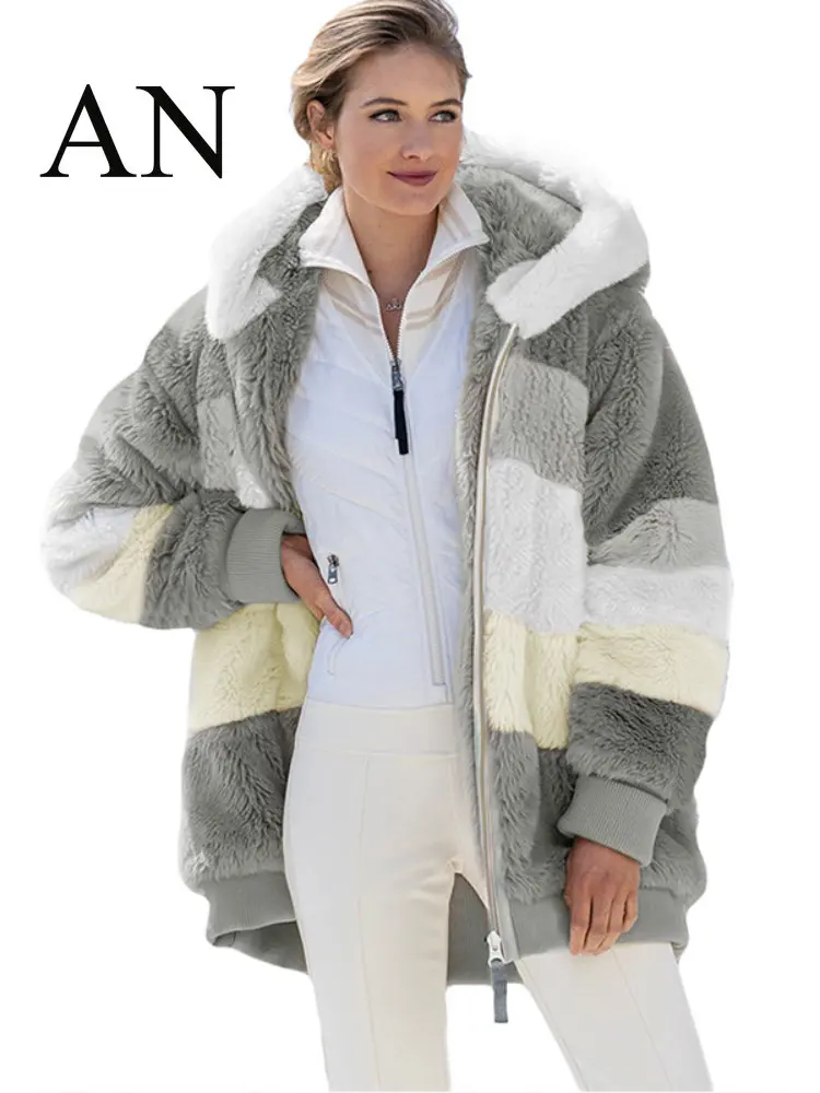 Autumn/Winter 2022 Warm Fleece Collar Zip Pocket Hooded Loose Coat Women Fur Coat Women Winter Coat for Women Coat Women  Fur