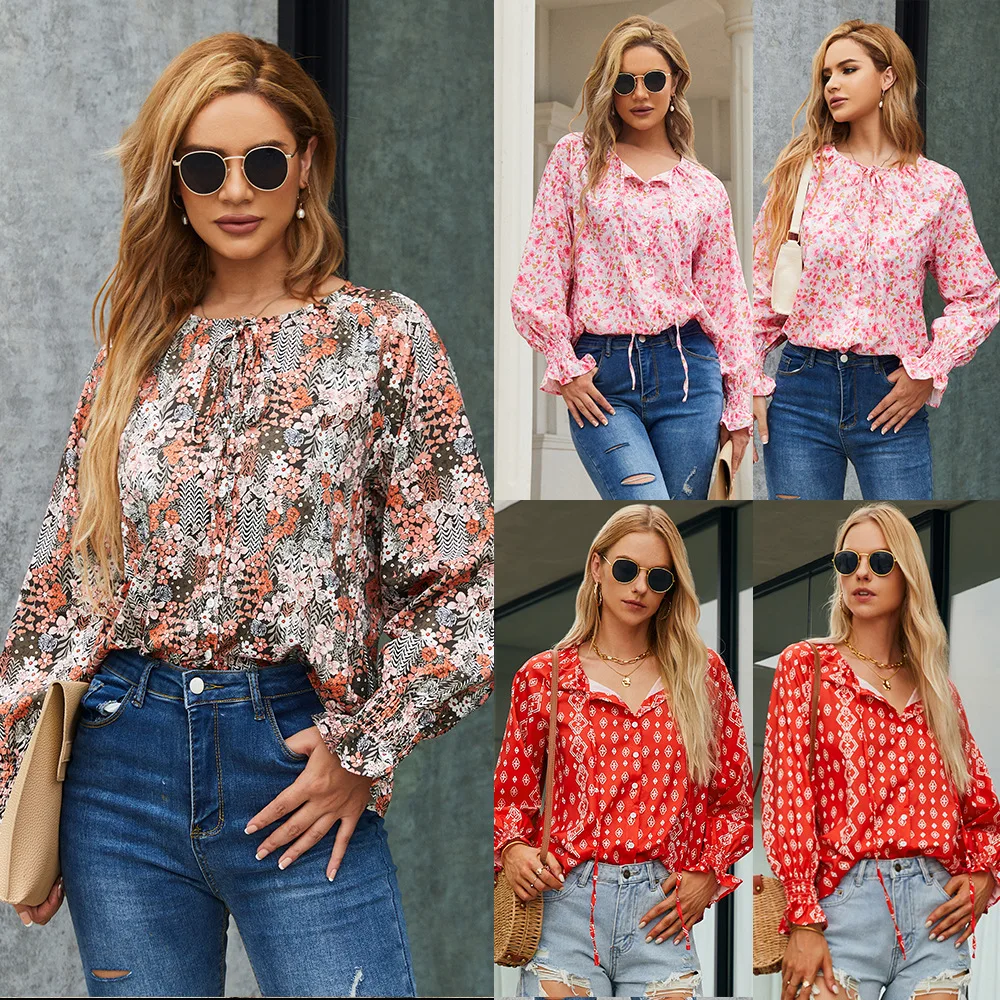 

Mandylandy Women Elegant Autumn Floral Print Bohemian Chiffon Shirt Top Fashion Casual Long Lantern Sleeve Loose T-shirt