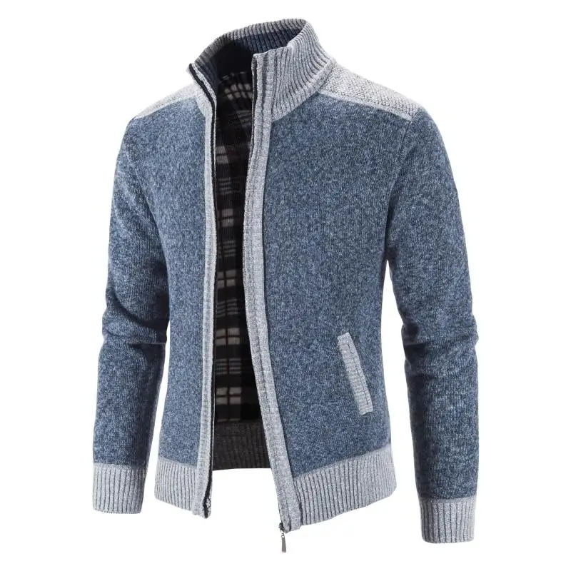 

Новый мужской свитер, пальто, модный кардиган в стиле пэчворк, мужской вязаный свитер, куртка, приталенный силуэт, воротник-стойка, плотный т...