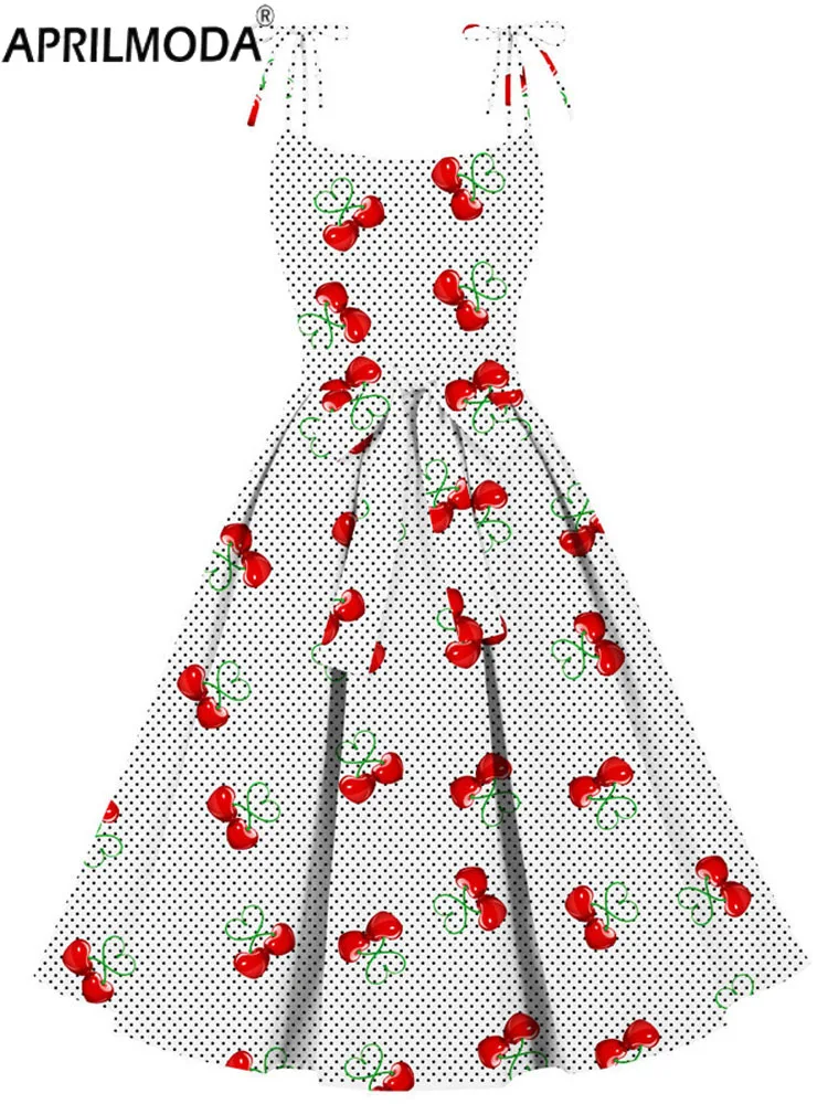 

Polka Dot Sweet Heart Print Vintage Casual Pleated Runway Dress Kawaii A Line Sexy Backless 50s 60s Retro Pinup Rockabilly Dress