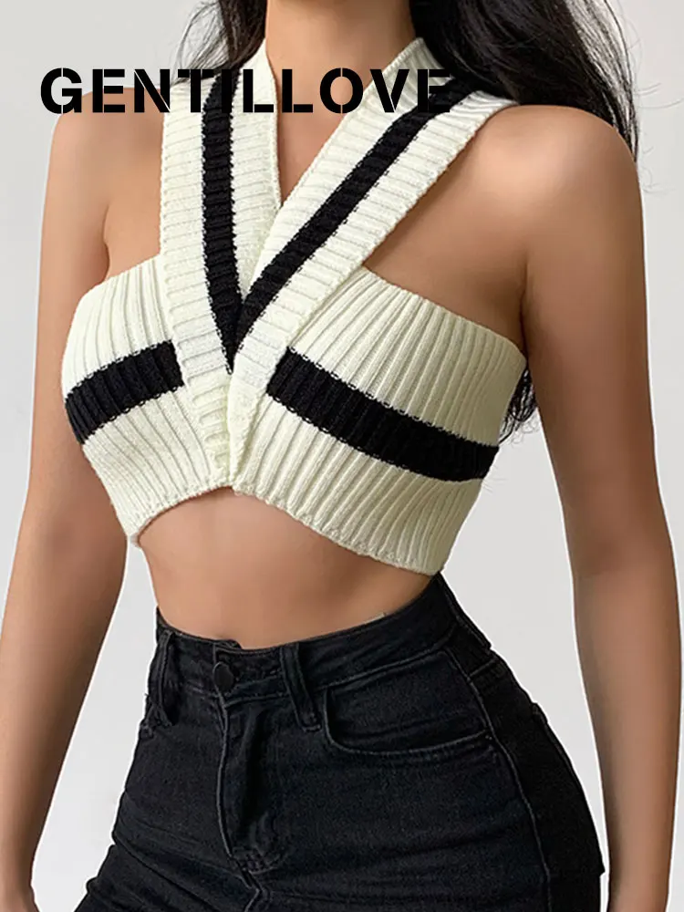 

Women Elegant Striped Patchwork V Neck Knit Tank Tops Summer Sexy Cross Backless Camis Casual Sleeveless Sweater Camis Crop Top