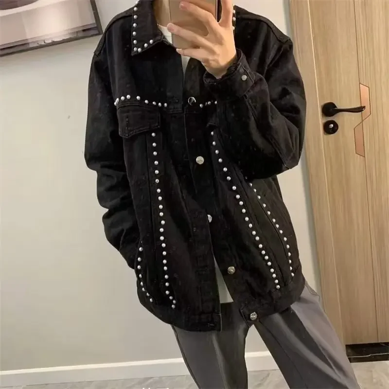 Модная джинсовая куртка в стиле хип-хоп с жемчужными лацканами для мужчин и
