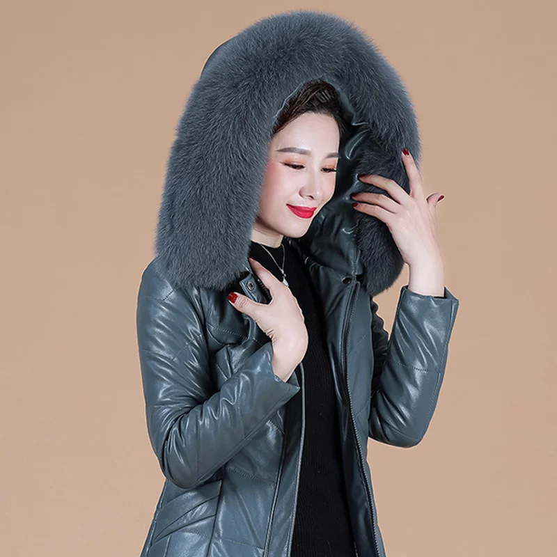 

L-8XL Woman Leather Jacket Winter 2024 Fashion Overcoat Thicken Warm Fur Collar Hooded Sheepskin Coat Camel Outerwear Female