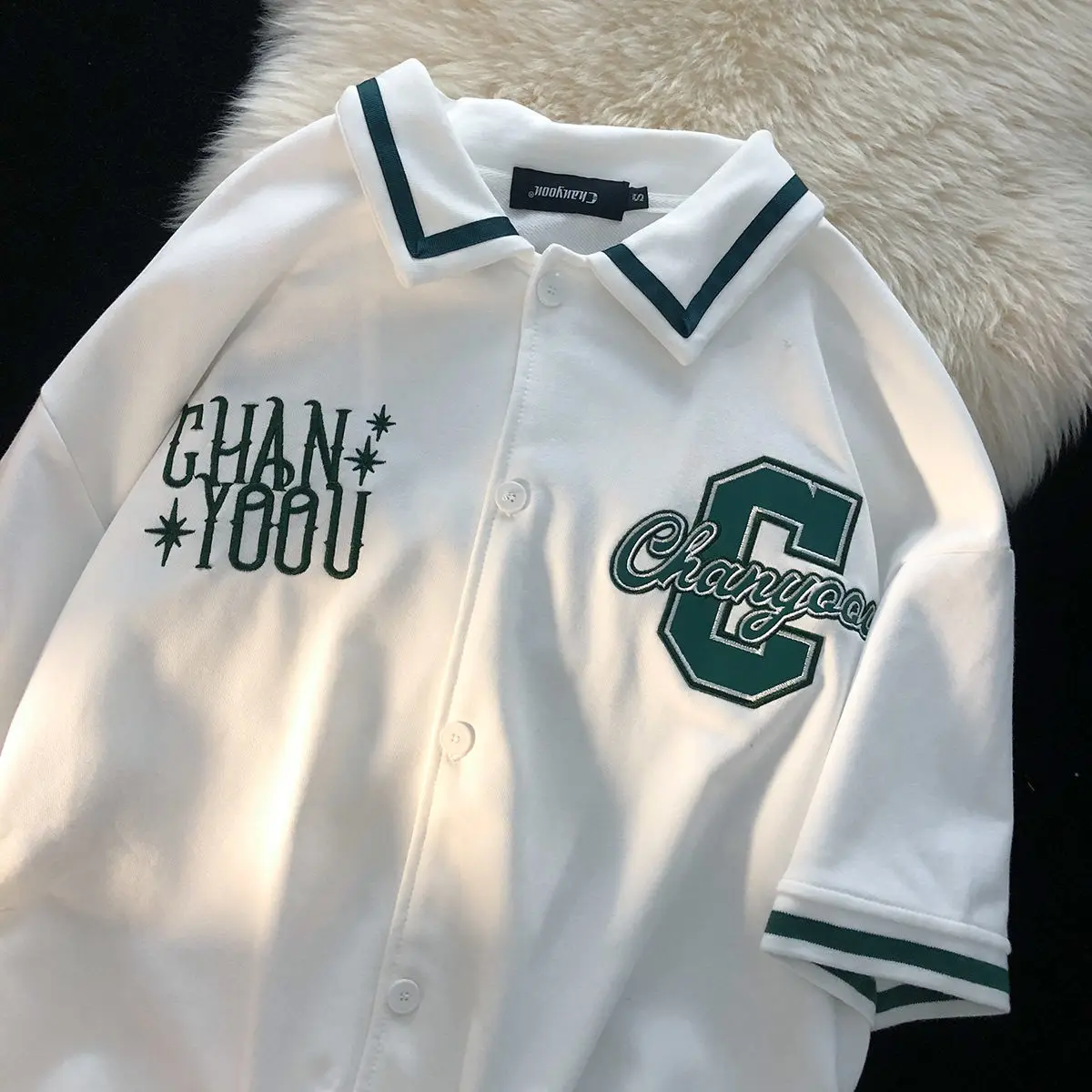 

White American Retro Cardigan Polp Shirt Lapel Loose Ins Tide Brand Short Sleeve T-shirt Men Women Couples Fashion All-match Top
