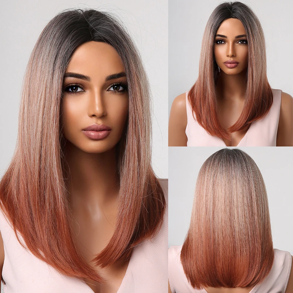 

Red Ombre Blonde Synthetic Straight Wigs for Black Women Shoulder Length Heat Resistant Wig Middle Part Cosplay Party Use Hair