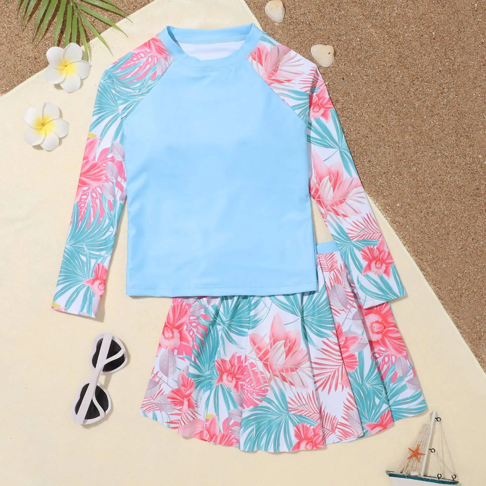 TiaoBug Kids Girls Swimsuit Two Piece Rash Guard Set Long Sleeve Top Swim Skirt Cute Floral Print Bathing Suit Pool Beachwear images - 6