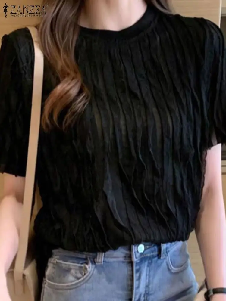 Корейская Женская Однотонная Блузка Zanzea Летняя Мода Базовый Топ