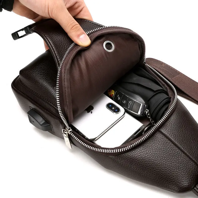 100% Genuine Leather Men's Chest Bag Men's Crossbody Bag New Casual Multifunctional Solid Color Shoulder Bag Handbag