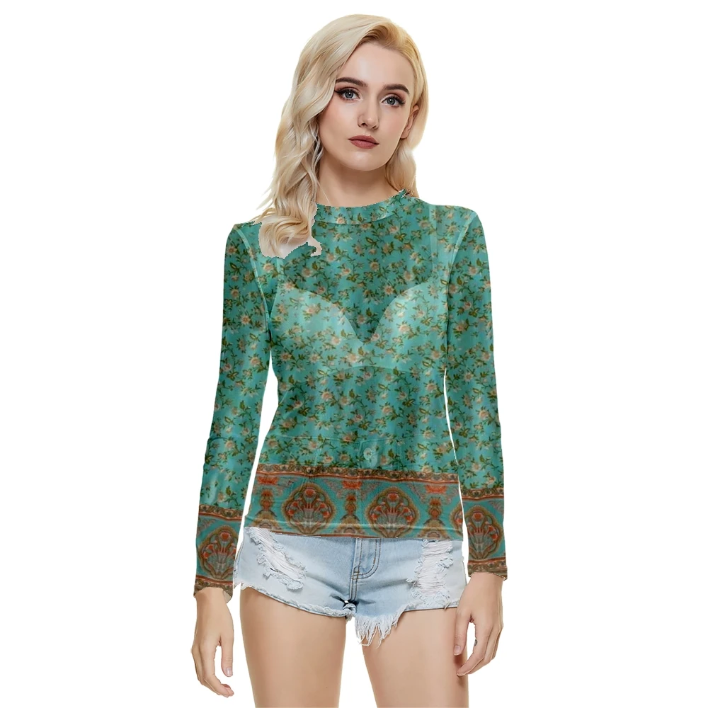 

Женская модная сексуальная прозрачная Сетчатая футболка с длинным рукавом и цветочным принтом, с круглым вырезом, летняя повседневная футб...