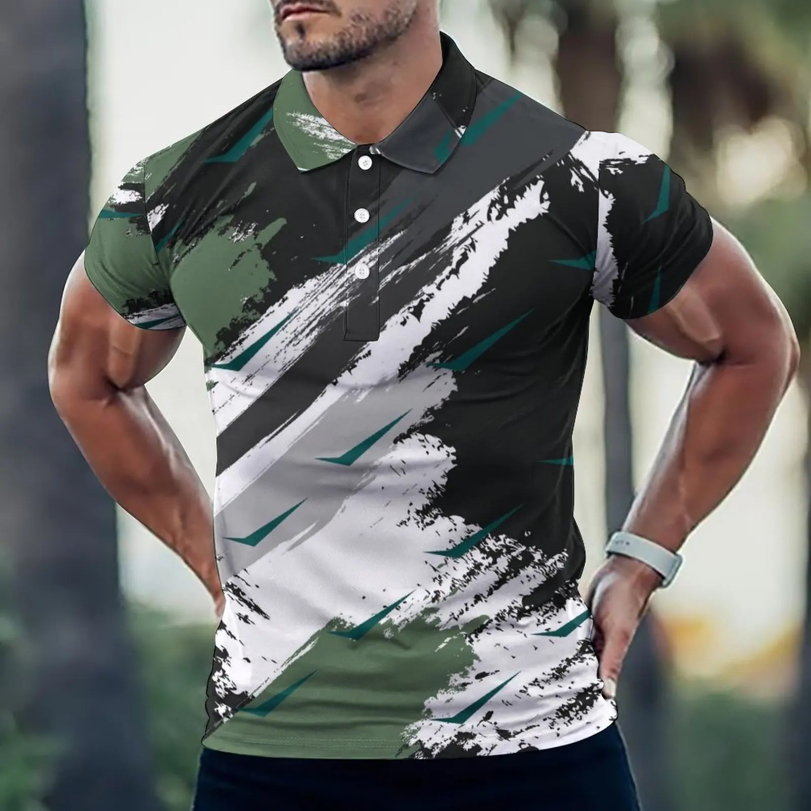 

Summer Mens Short Sleeve T-Shirt with Turn-down Collar and Buttoned Printed Pattern Casual and Fashionable Beach Street Look