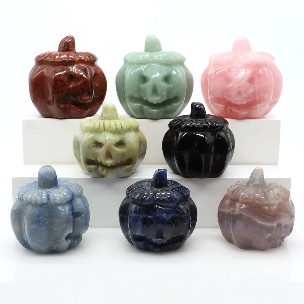 

Halloween Pumpkin Skull Face Natural Stone Carved Ghost Statue Crafts Healing Crystal Quartz Charms Home Room Decoration Gifts