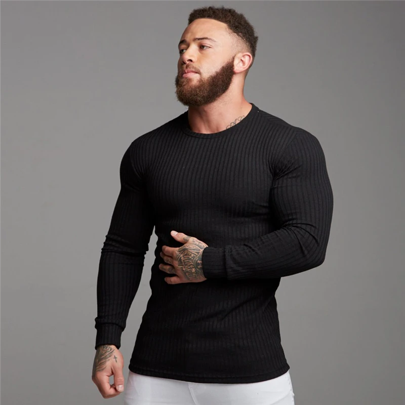 

Spring and Autumn Knitted Gym Clothing Men Fitness Slim Fit Sports Long Sleeve T Shirt Fashion Tops