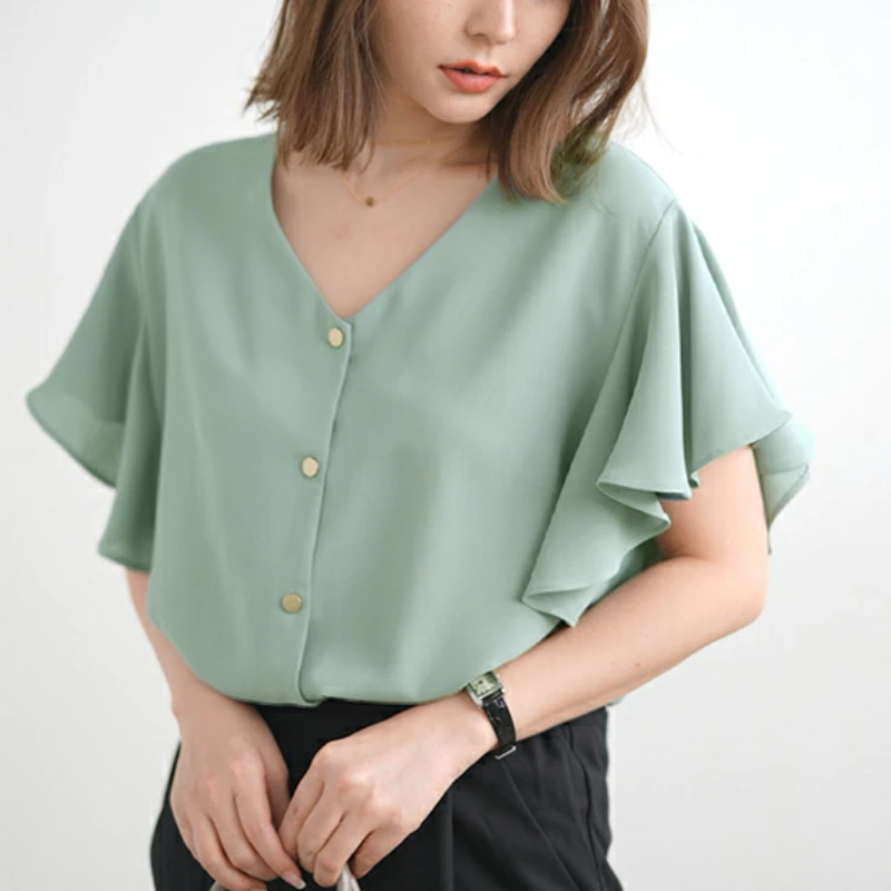 

Woman Summer Butterfly Short Sleeve Chiffon Shirts and Blouses 2023 Fashion Elegant Office Lady V Neck Button Solid Tops 26731