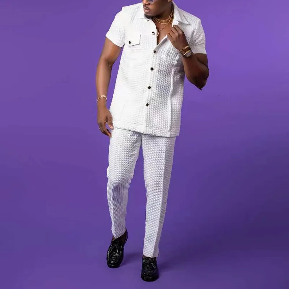 Kaftan Men Tracksuit 2pcs Setwaffle Pocket Button Short-sleeved Top Trousers African Ethnic Man Suit Wedding Clothing Outfits