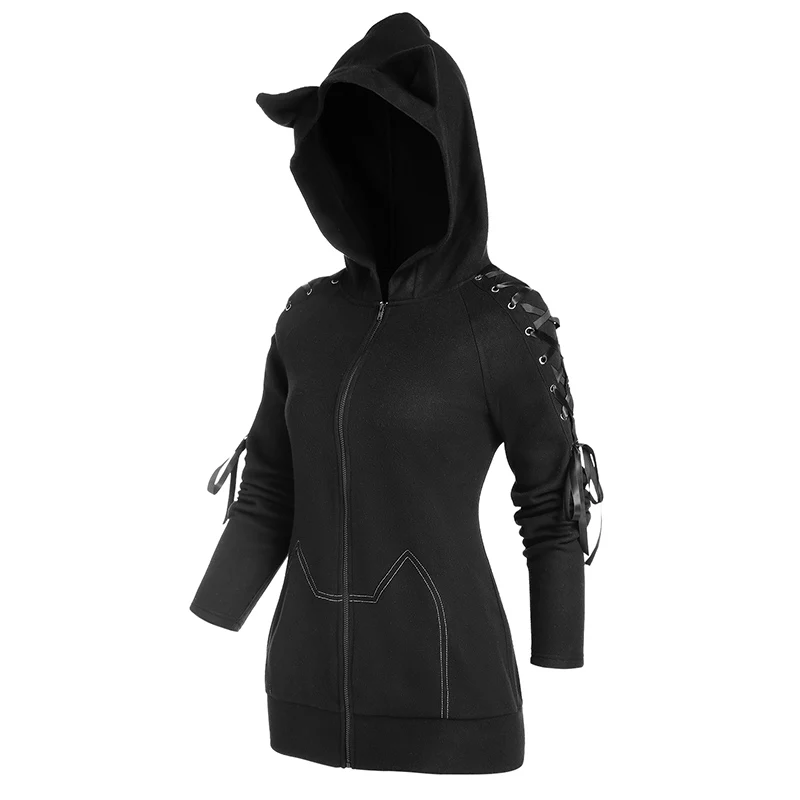 

Solid Women Cute Cat Ear Hood Fleece Coat Goth Lace Up Contrast Topstitching Zip Up Hooded Coat Pure Black Long Sleeve Tops