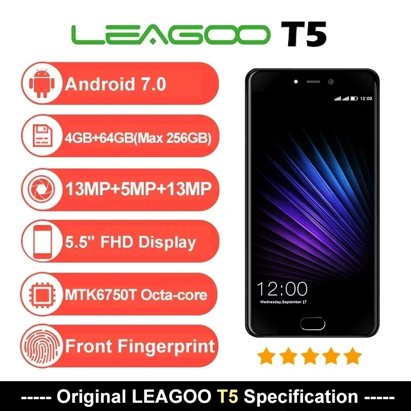 Мобильный телефон Leagoo-Original T5 4G LTE 4 ГБ ОЗУ 64 ПЗУ Android 7.0 MT6750T Octa Core 5 дюйма FHD 13 МП