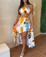 chaxiaoa sexy vacation womens summer 2022 floral print shirred back crop top dip hem skirt set