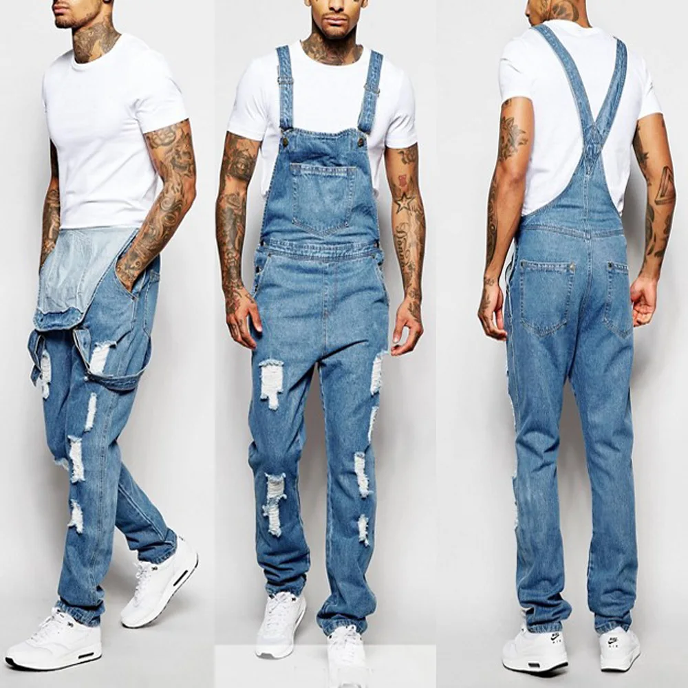 Jeans Men Overalls Fashionable Men's Suspender Denim Pants Jumpsuit Hole Jeans Full Length Trousers Streetwear Mens Jeans