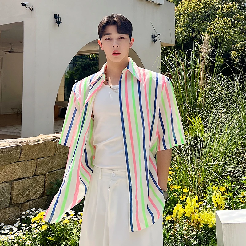 Men Summer Casual Rainbow Stripe Loose 