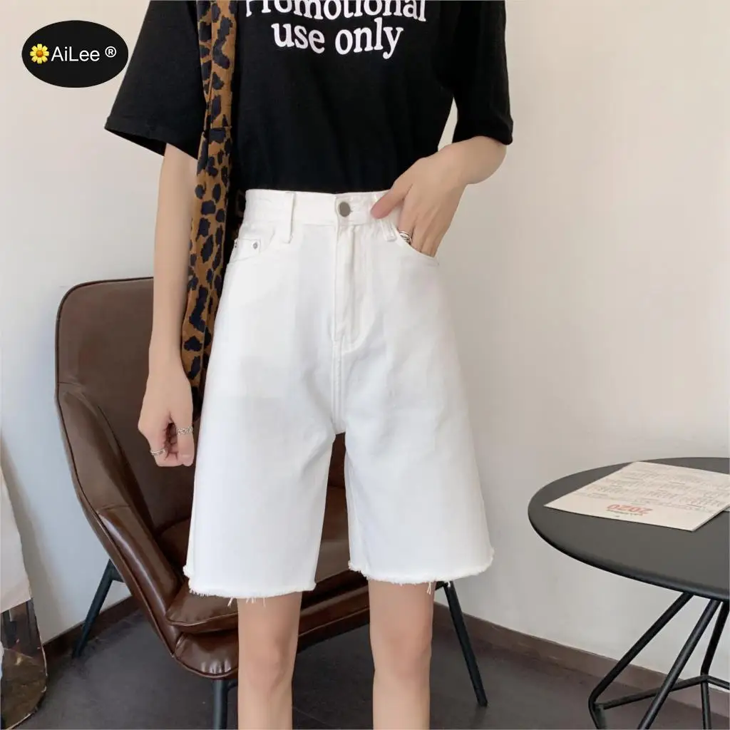 Bermuda Jean Shorts Women Summer Denim Short Tassel Solid Casual High Waist Shorts Streetwear Plus Size Students Half Long Jeans