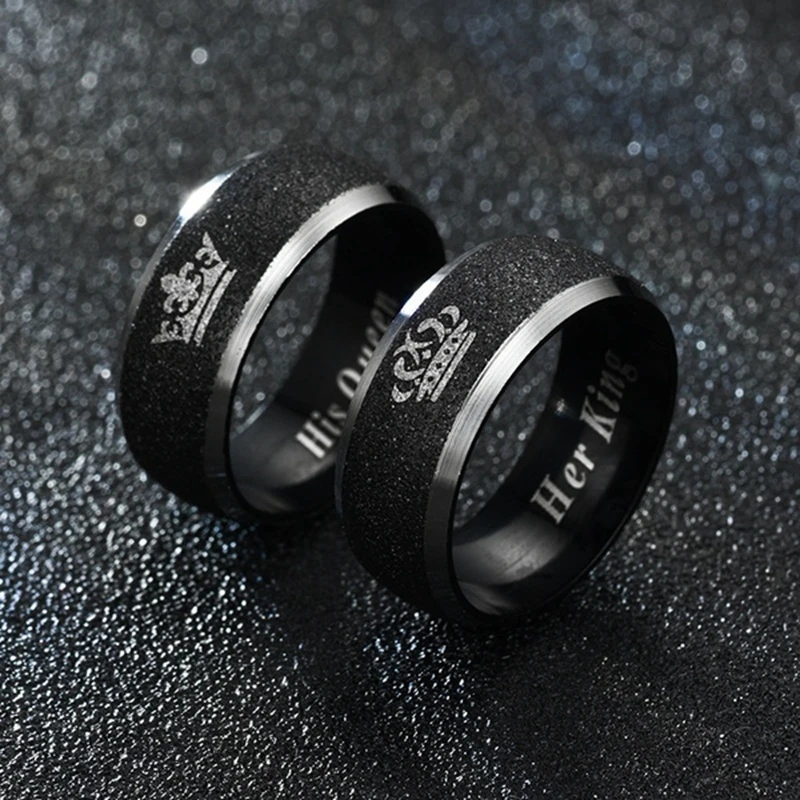 Fashion Simple Titanium Steel Black Pearl Sand Men and Women Wedding Engagement Ring Couple Ring Jewelry Gift (1PCS)