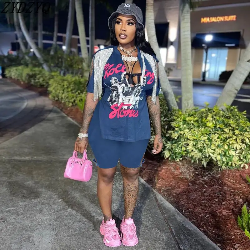 

ZYDZYQ 2 Piece Sets Women Summer Short Sleeve Graphic T Shirts Top Shorts Sets Y2k Clothes Lounge Streetwear Wholesale Items