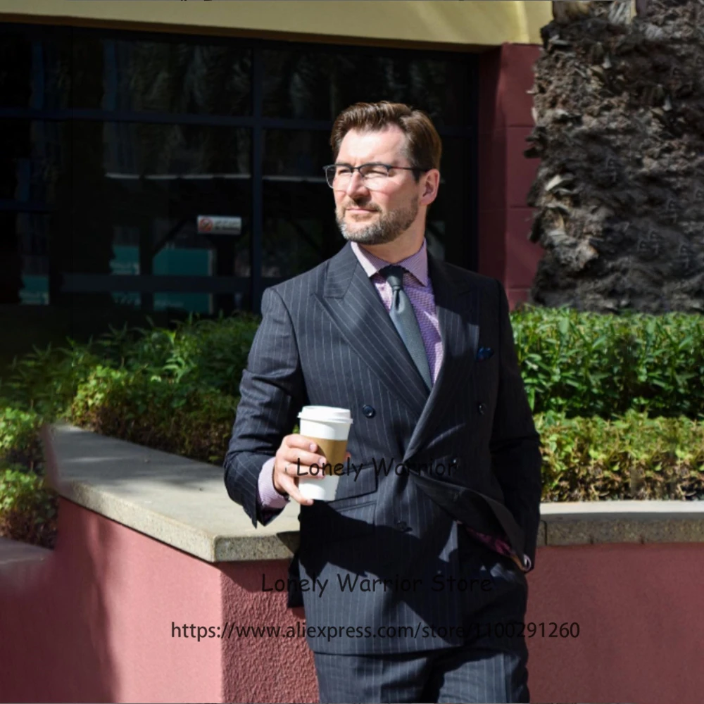 

Модные мужские костюмы в черную полоску, приталенный деловой блейзер с пиковым отворотом, свадебный смокинг для жениха, комплект из 2 предметов, мужской пиджак и брюки