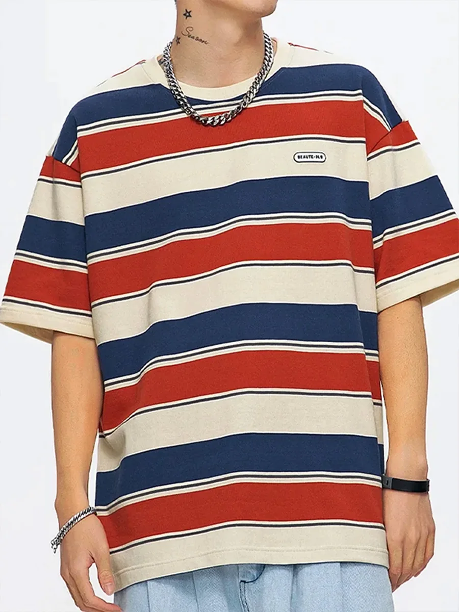 Полосатая Футболка Унисекс Y2K Контрастных Цветов С Коротким Рукавом