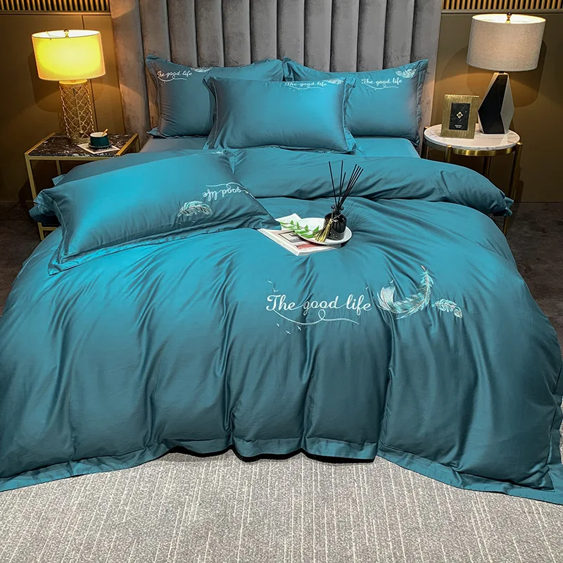 

Embroidered Feather Letters Bedding Set Luxury Flat Bed Sheet Linen Duvet Cover 240x220 Single Queen King Quilt Cover Bedclothes