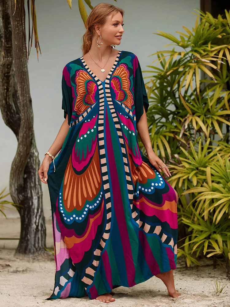 

2023 Beach Cover-ups Kaftan Robe Bohemian Sexy V-neck Maxi Dress Outing Loose Casual Women Clothing Swimwear Cover Up Beachwear