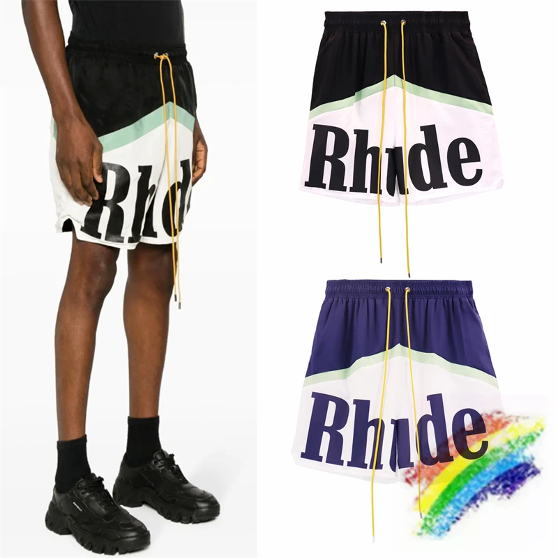 

Patchwork RHUDE Shorts Men Women Inside Mesh Drawstring Breeches With Tags