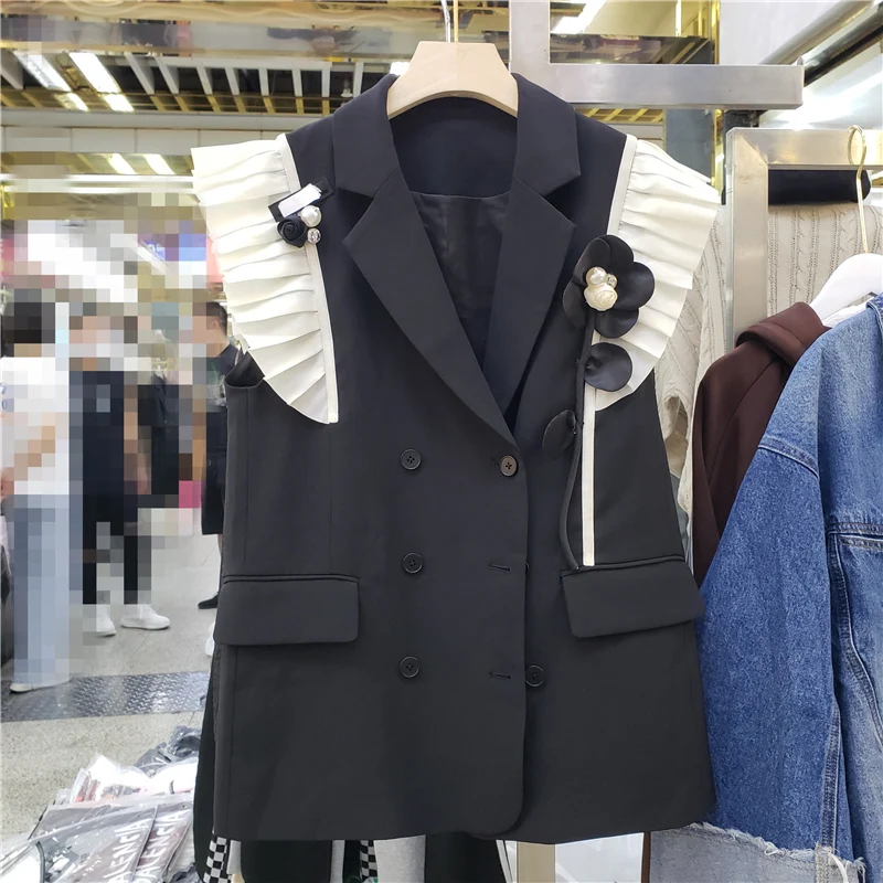 

Женский винтажный костюм-жилет, черный двубортный жилет без рукавов с отложным воротником и плиссированными краями, весна-осень