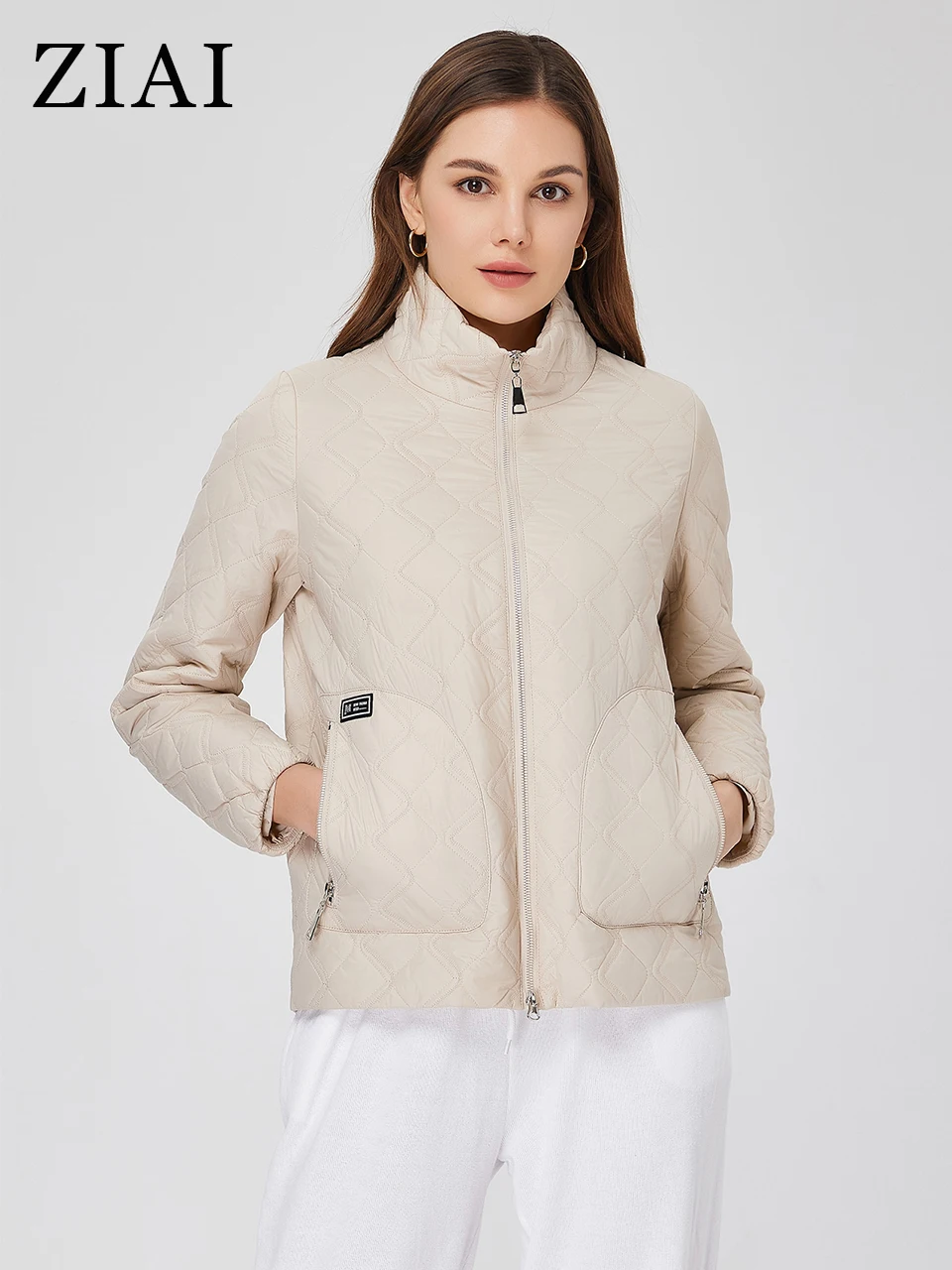 ZIAI Demi-season jacket for women Short stand collar zipper Pattern quilting  Classic Thin Cotton Women's spring coat ZM-20389