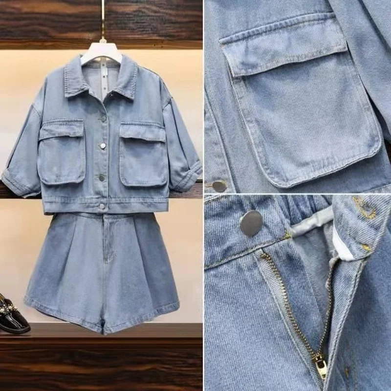 Women Two-piece Suit Set 2023 Spring New Style Street Fashion Denim Double Pocket Jacket Coat and Jeans Sweet Streetwear Shorts