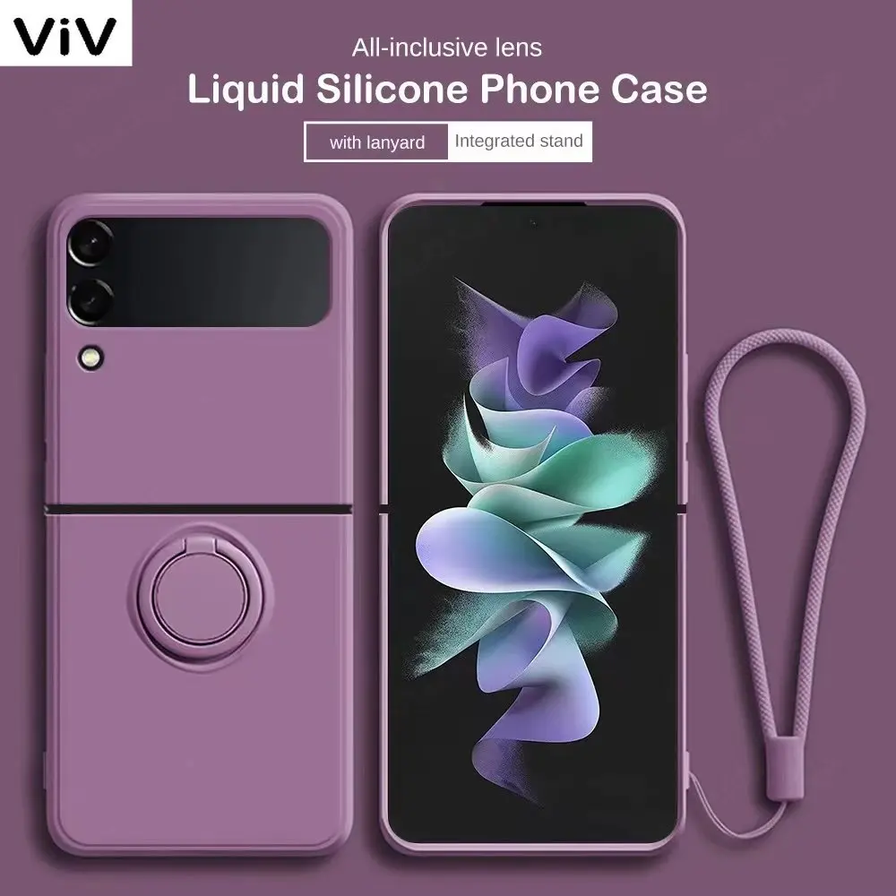 

For Samsung ZFlip3 Flip4 5G Candy Colors Liquid Silicone Ring Stand Holder Case for Galaxy Z Flip 3 Z flip4 with Tonal Wristband