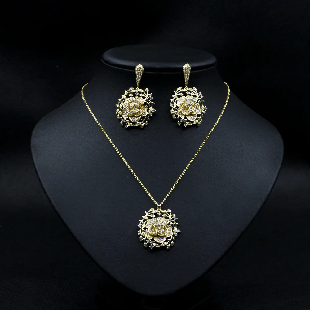 

real brand genuine jewels Luxury Flower Pendant Cuban style diamond clavicle chain 925 silver needle Earrings Necklace Set high