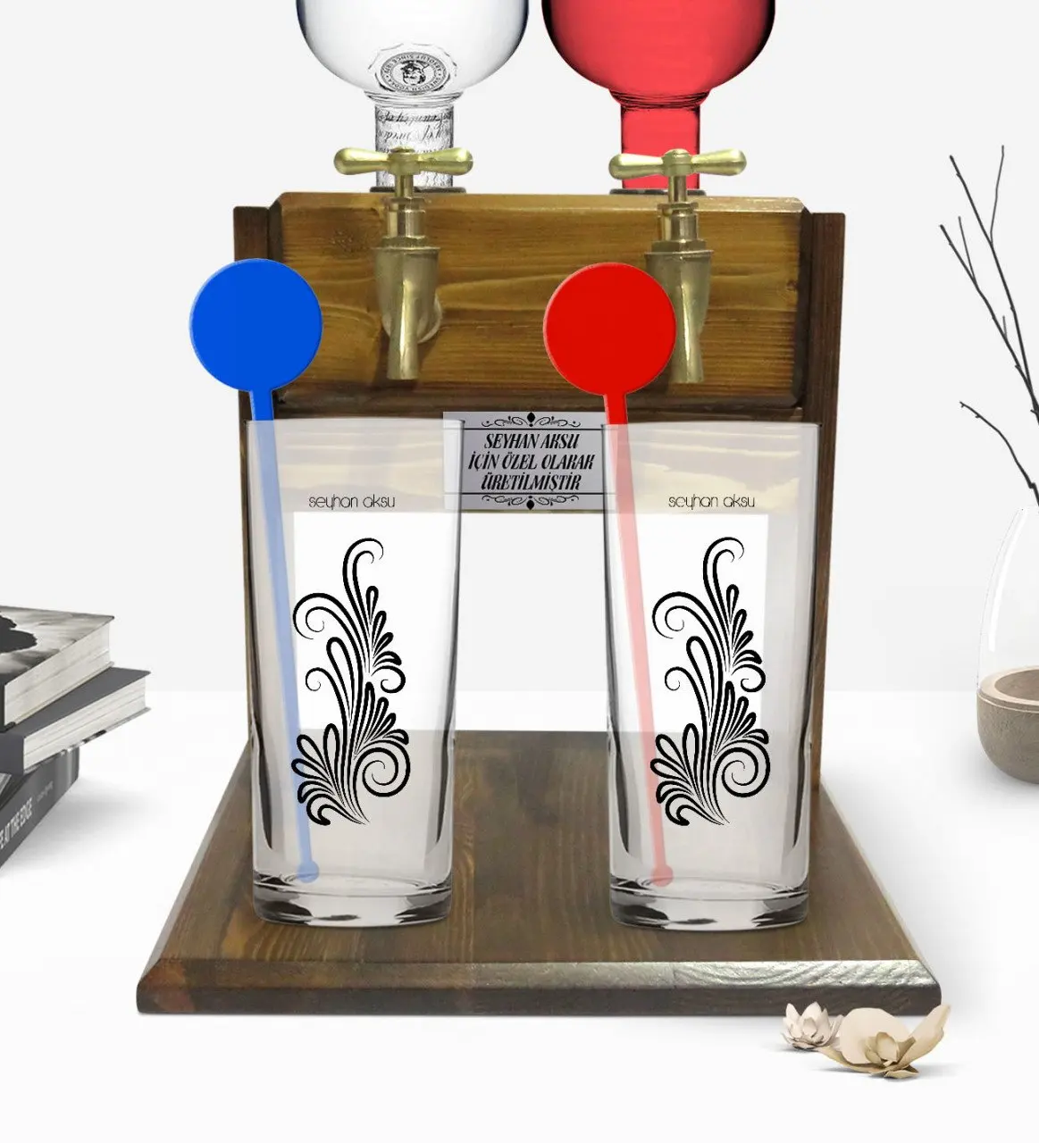 

Personalized Colorful Printed Is Dual Vodka Cup and Double Tap Natural Wood Vodka Standı-120