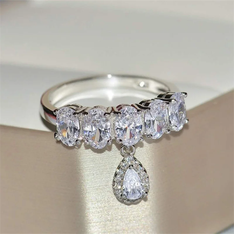 

Exquisite Silver Colors Waterdrop Geometry Rings for Women Trendy Metal Inlaid White Stone Wedding Engagement Jewelry