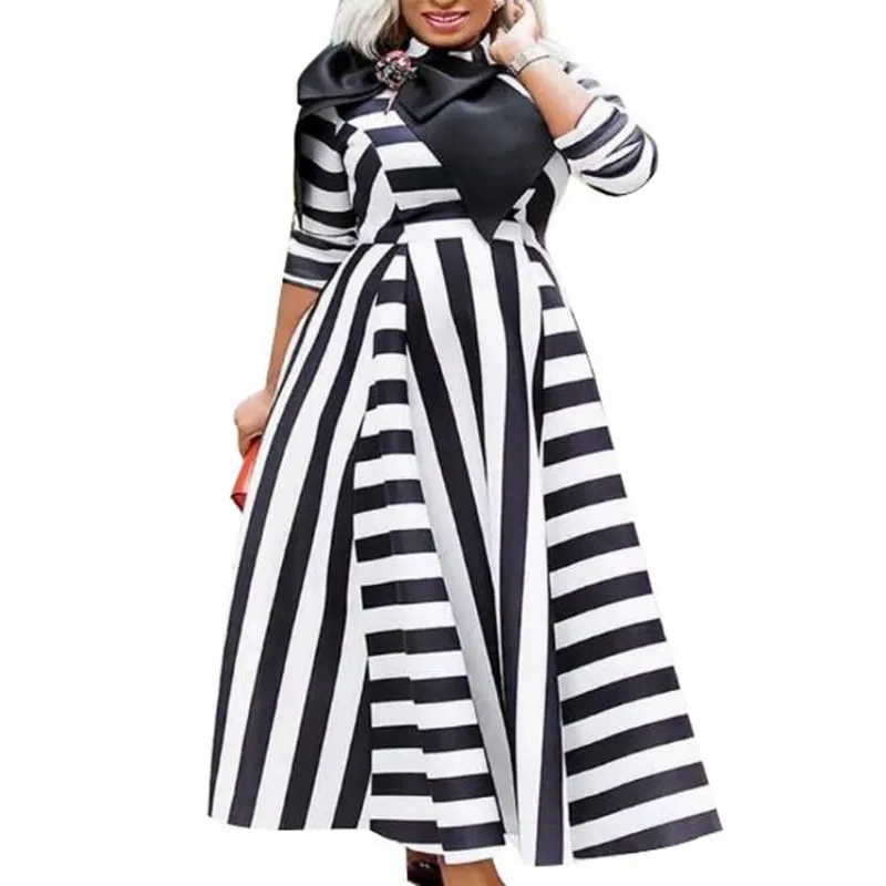 

Empire Long Dress Women Ankle Length With Bow Gown Robe Spring Autumn New Stripe Fashion Elegant Office Lady Maxi Dress Vestidos