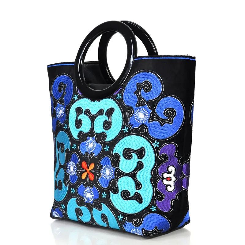 Original Personalized Embroidered Handbag Women's Street Retro PU Cotton Embroidery Pattern Stitching Bags Wholesale