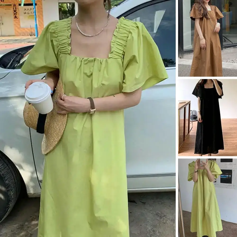 

Women Dress Loose Square Neck Summer Dress Vintage Bubble Sleeves A-line Dress Oversized Mid-calf Length Midi Dress For Daitng